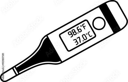Flat vector of a digital thermometer showing a healthy temperature, medical tool.