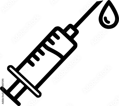 Minimalist line art of a syringe with a single drop, vaccine and immunization.