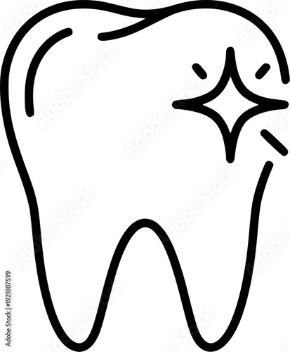 Minimalist line art of a tooth with a sparkle, dental clinic and hygiene.