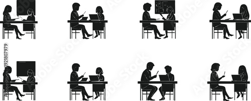 Business colleagues and employees in silhouettes discussing and collaborating on a project, with teamwork, communication, and focused work