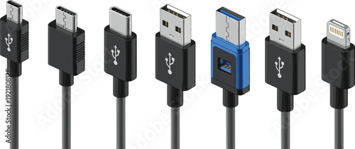 USB cable connectors illustration set showing micro USB type C type A lightning plugs charging data transfer vector design