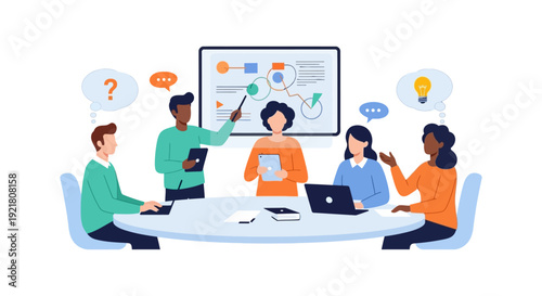 Diverse Business Team Meeting Presentation and Strategy Analysis. Flat Vector Illustration of Collaboration, Brainstorming, and Data Reporting.