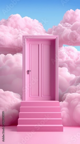 Pink Door Surrounded by Fluffy Pink Clouds and Blue Sky in Surreal Dreamlike Scene