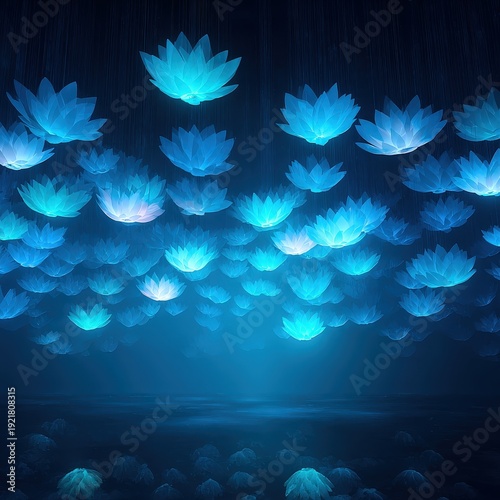 Blue Illuminated Lotus Flower Lanterns Hanging in Dark Night Sky