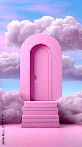 Pink Door on Cloudy Sky with Stairs Surrounded by Pink Fluffy Clouds in Surreal Dreamlike Scene