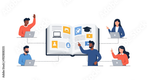 E-Learning and Online Education Concept: Diverse Students Connected to Digital Knowledge Hub via Open Book and Laptop Devices