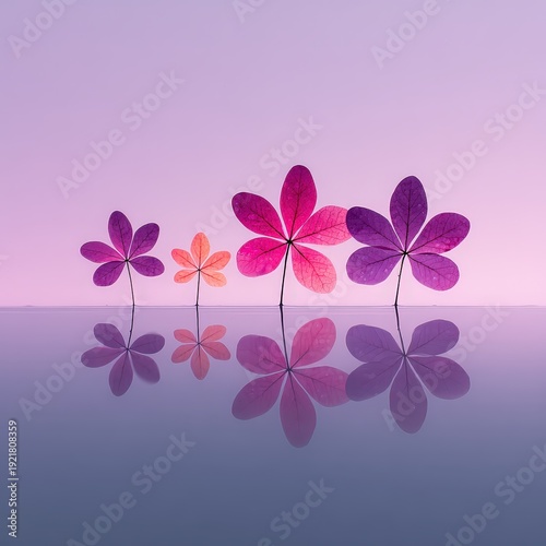 Colorful Pink and Purple Leaf Flowers on Reflective Surface with Soft Pastel Background