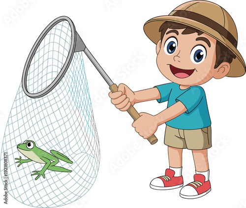 Boy in blue shirt and hat holding a net with a green frog inside