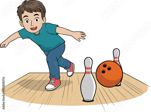 Boy in blue shirt and jeans bowling with a red and orange ball knocking down a white pin on a wooden lane