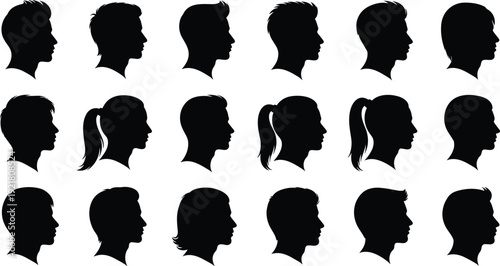 Black silhouettes of people heads in profile views various hairstyles white background