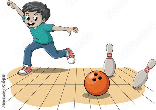 Boy in green shirt and blue pants bowling with a red ball knocking down white and red pins on a wooden lane