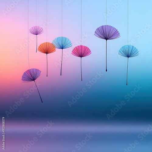 Colorful Umbrellas Floating in Bright Gradient Sky