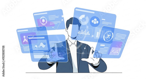 Businessman interacting with virtual data screens displaying graphs and charts in blue hues