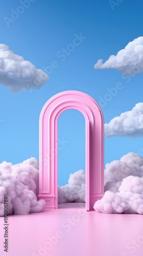 Pink Neon Archway Surrounded by Fluffy Clouds in Bright Blue Sky