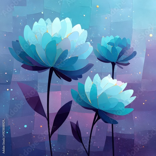 Abstract Blue Floral Art Featuring Large Lotus Flowers in Surreal Style