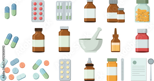 Pharmacy Medical Icon Collection, Pills Capsules Tablets Bottles And Blister Pack Symbols, Prescription Drug And Healthcare Treatment Concept, Vitamin And Antibiotic Vector Set, Flat Minimal.