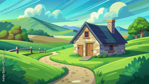 A beautiful green rural farm featuring a small traditional stone cottage with textured walls and simple roof surrounded by open grassy land a natural dirt path leads toward the entrance rolling hills