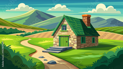 A beautiful green rural farm featuring a small traditional stone cottage with textured walls and simple roof surrounded by open grassy land a natural dirt path leads toward the entrance rolling hills