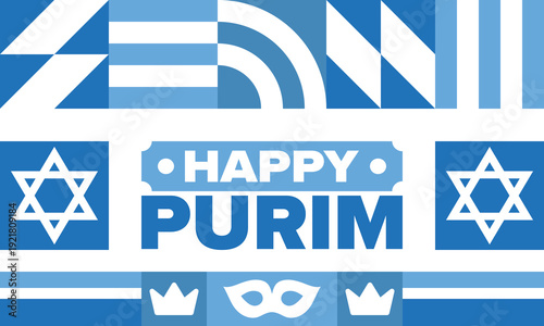 Purim. Happy Purim. Traditional Jewish religious holiday. Star of David, Carnival mask. Israel history. Сelebrated by a masquerade and festival. Poster art. Vector illustration
