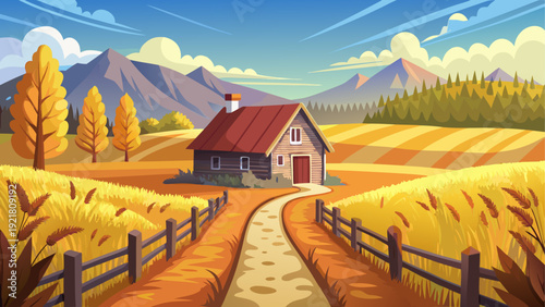A peaceful rural farm with a small traditional wooden cottage placed in the middle of a wide wheat field a dirt path leads to the cottage open countryside clean minimal vector illustration flat design