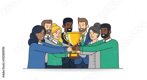 Diverse team celebrating victory with trophy symbolizing success and teamwork in a modern office setting with a white background