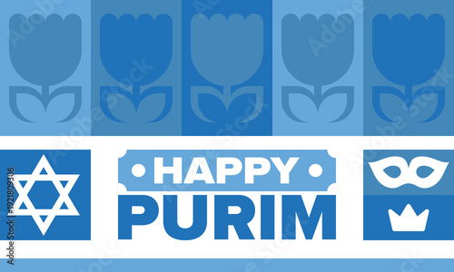 Purim. Happy Purim. Traditional Jewish religious holiday. Star of David, Carnival mask. Israel history. Сelebrated by a masquerade and festival. Poster art. Vector illustration