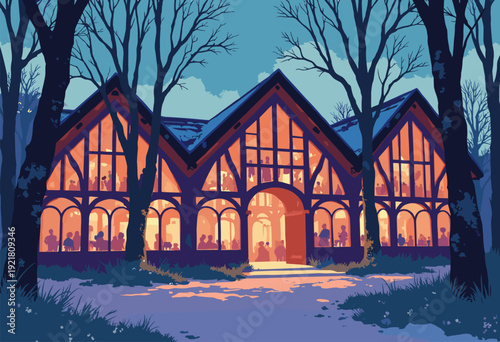 stylized architectural study Sheffields Winter Garden timber arches Warm wood tones contrasting cool blue twilight sky Modern art