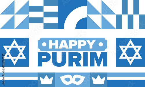 Purim. Happy Purim. Traditional Jewish religious holiday. Star of David, Carnival mask. Israel history. Сelebrated by a masquerade and festival. Poster art. Vector illustration