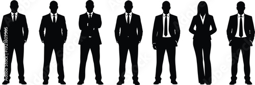 Business people silhouettes in formal suits, professional team standing, corporate office staff, black and white vector illustration