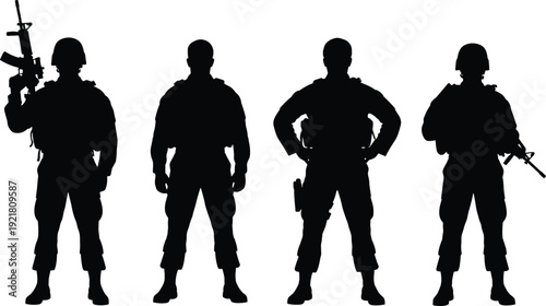 Four black silhouettes of soldiers in various poses with guns white background military