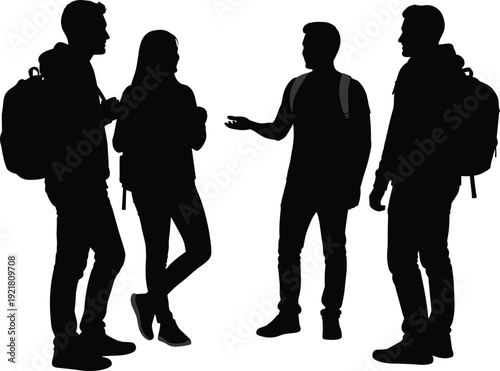 Four black silhouettes of young adults with backpacks talking people teenagers