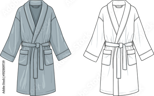 Gray and white bathrobes with belt and pockets