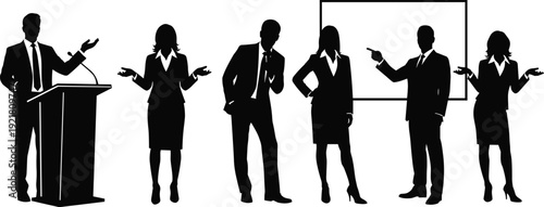 Business presentation silhouettes. A group of diverse people presenting ideas, with a man at a podium and a whiteboard