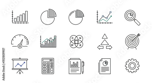 Collection of business and finance related icons and graphics.