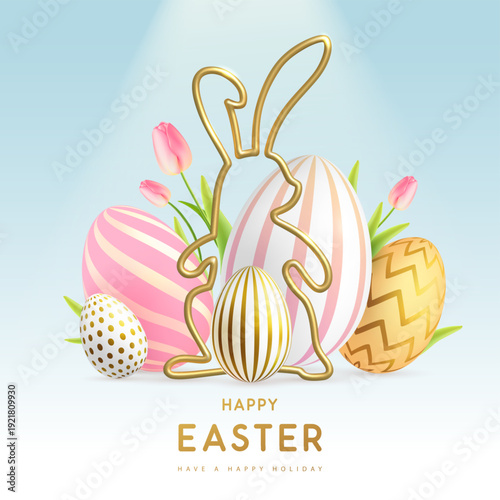 Happy Easter background with colorful easter eggs, golden rabbit silhouette and tulips. Holiday greeting card or poster. Vector illustration