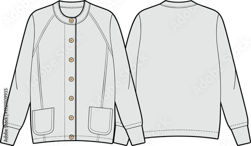 Light gray button-up cardigan with front pockets and five buttons on the front