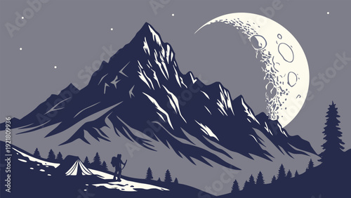 Crescent Moon Over Mountain Range.