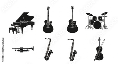 Collection of Musical Instruments Silhouettes on White Background.