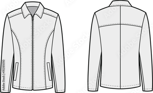 Light gray jacket with black accents and a zipper front shown from front and back view front view