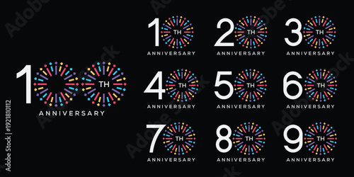 Set of 10 to 100 anniversary logo design. Years fireworks celebration 10 to 100 logo icon vector collection. Bithday party festival holiday logo symbol concept