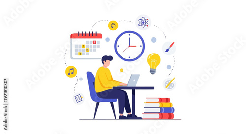 Online Education, Remote Learning, and Time Management Concept. Student or Employee Working on Laptop with Calendar, Clock, Ideas, and Subject Icons.
