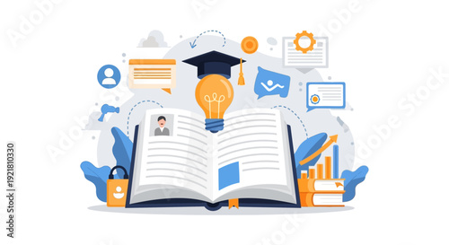 Education Knowledge Learning Concept. Open Book with Graduation Cap Lightbulb. E-learning, Academic Success, and Idea Development Vector Illustration.