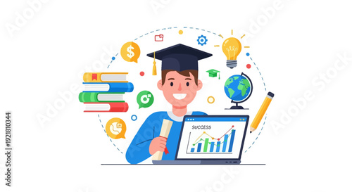 Successful Student Graduate Holding Diploma: Higher Education Achievement, Career Success, E-learning, and Financial Growth Conceptual Illustration.