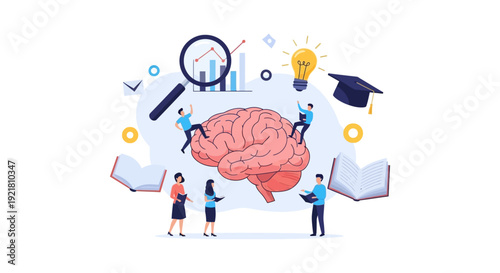 Brainstorming, Education, and Knowledge Vector. Tiny people studying giant human brain with books, magnifying glass, data analysis chart, lightbulb, and graduation cap.
