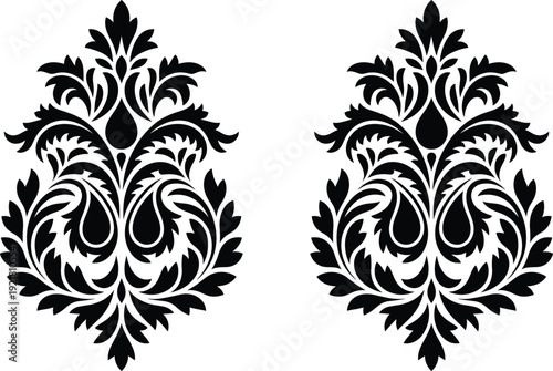 Elegant black damask ornament pattern, vintage decorative floral baroque motif symmetrical design isolated on white background vector illustration