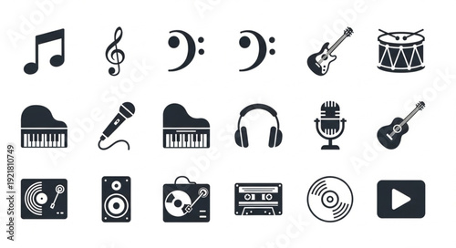 Collection of musical instruments and symbols icons.