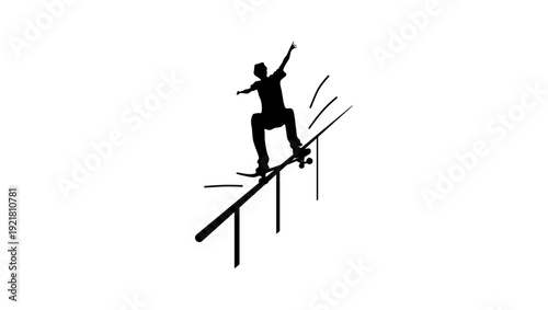 skateboarding down a railing, black isolated silhouette