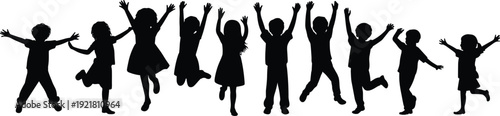 Silhouettes of children jumping and dancing with arms raised in joyful celebration against a white background