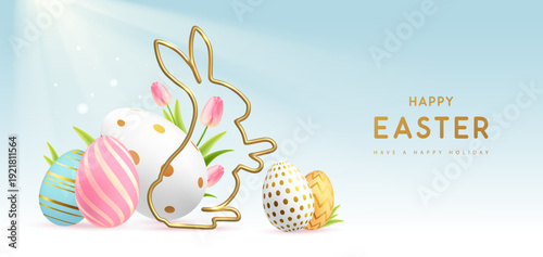 Happy Easter background with colorful easter eggs, golden rabbit silhouette and tulips. Holiday greeting card or poster. Vector illustration