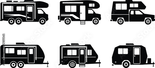Six black and white of different types of recreational vehicles and trailers motorhome camper